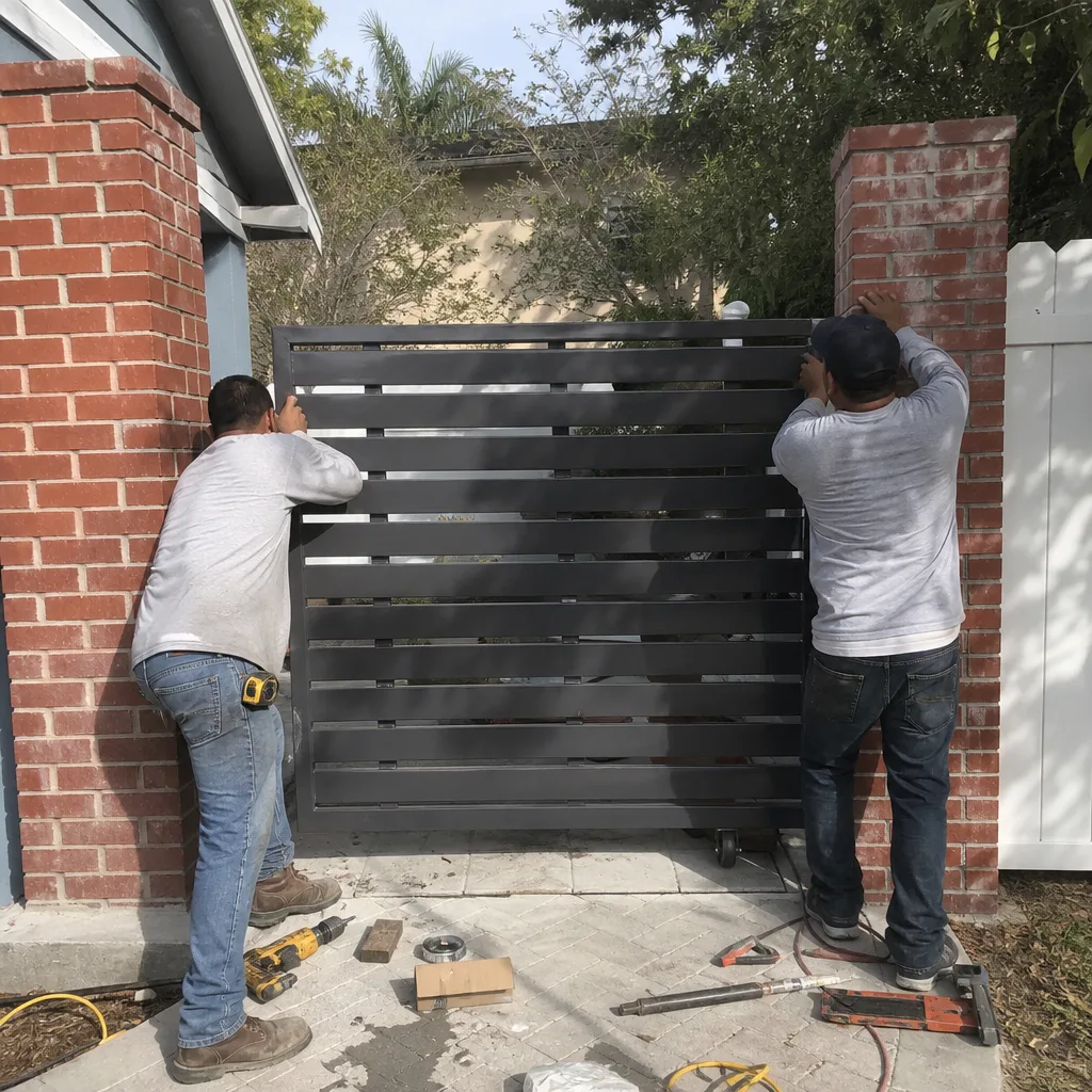 Two contractors installing a modern metal driveway gate between brick columns.