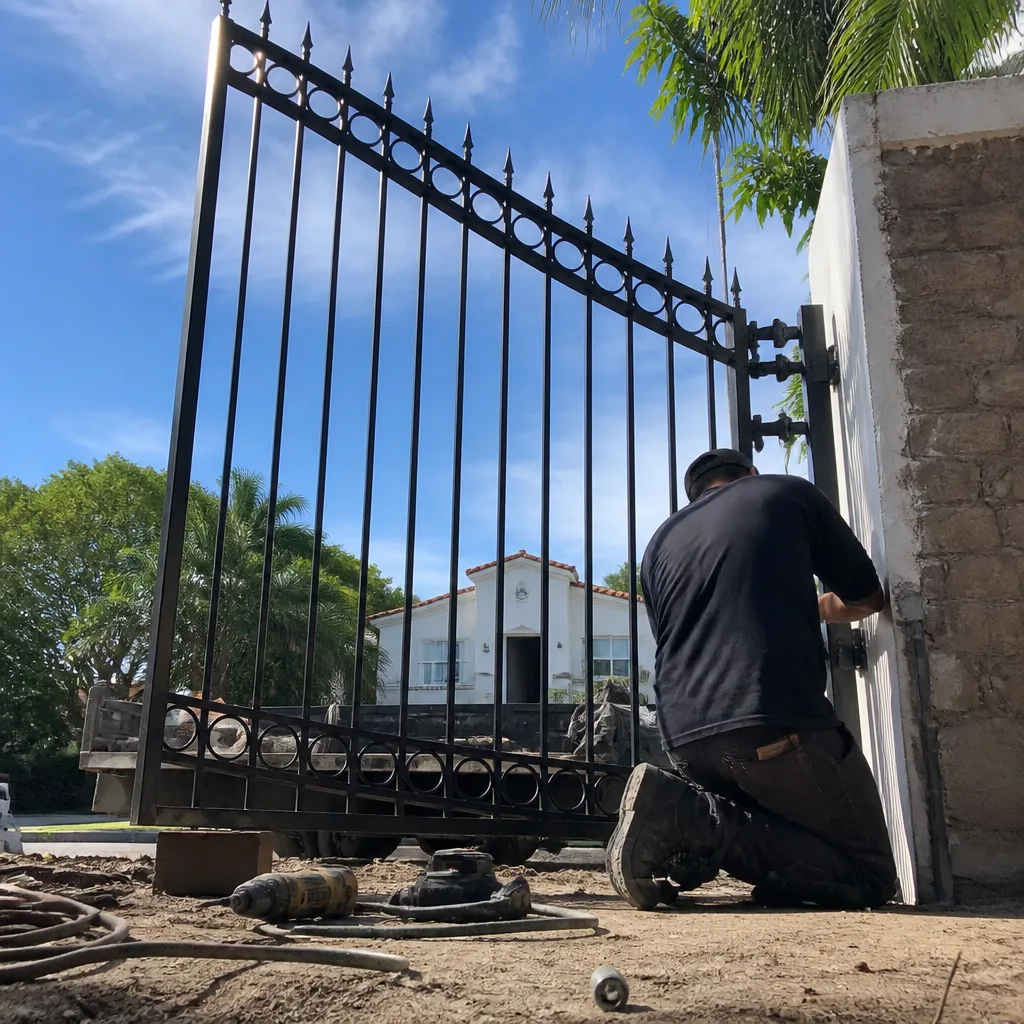 Professional contractor installing a custom metal gate on a residential property