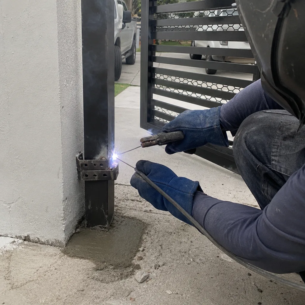 Professional welder performing metal gate installation and repair