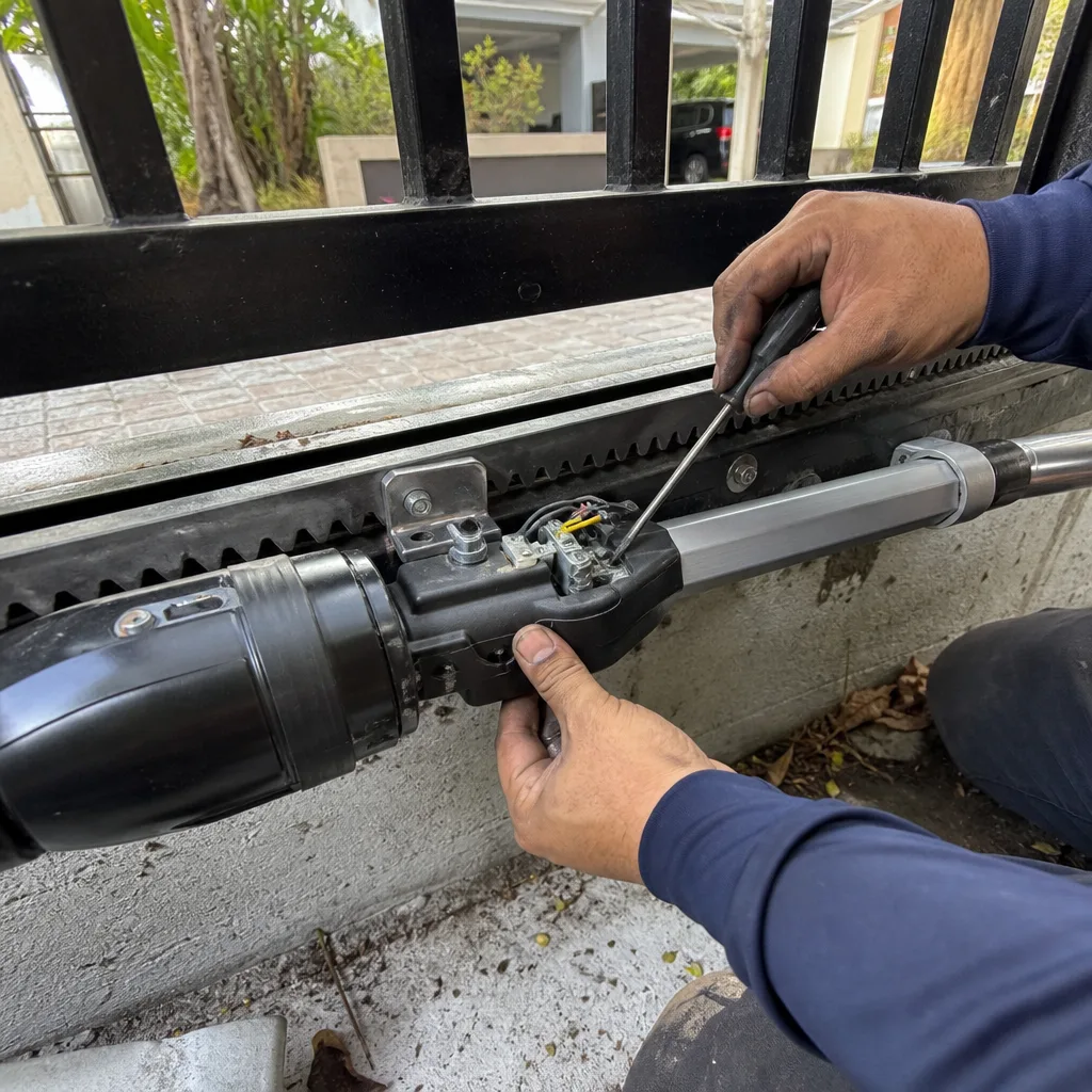 Professional technician repairing a motorized sliding gate opener