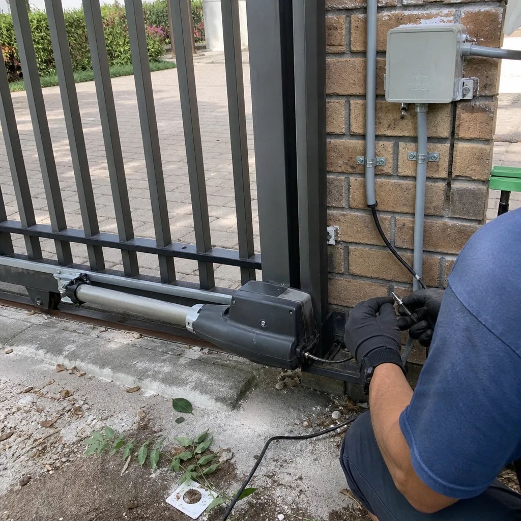 Technician performing maintenance on an automatic gate motor and opener