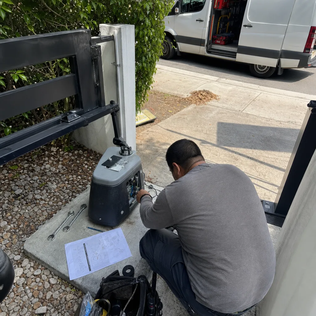 Technician performing professional gate motor repair and maintenance services