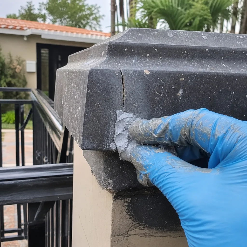 Professional repairing a cracked stone gate pillar with filler