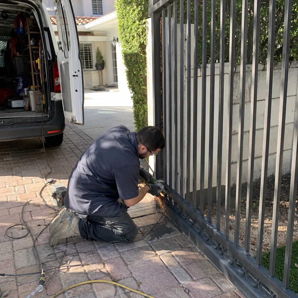 Professional technician using a grinder to repair a metal driveway gate